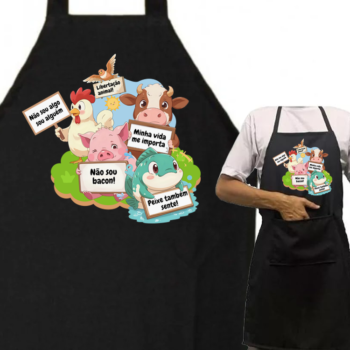 Avental oxford preto com bolso "Protesto animais"