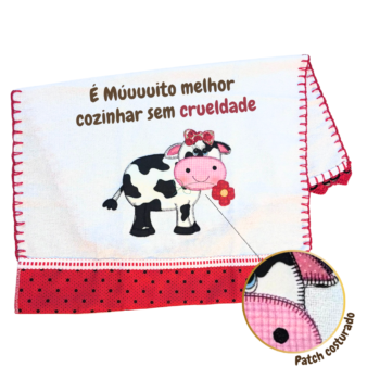 Pano de prato "Cozinhar sem crueldade" com patchwork