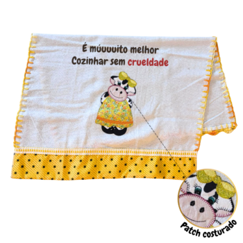 Pano de prato "Cozinhar sem crueldade" com patchwork