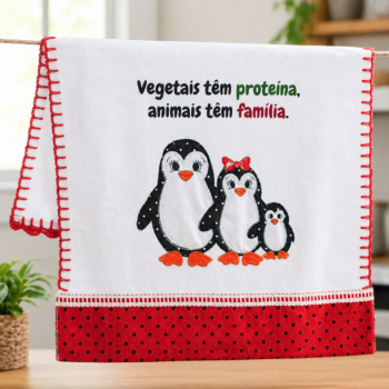 Pano de prato "Família pinguins" com patchwork