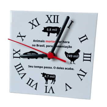 Relógio 15x15cm em azulejo decorativo "animais mortos por hora" com suporte