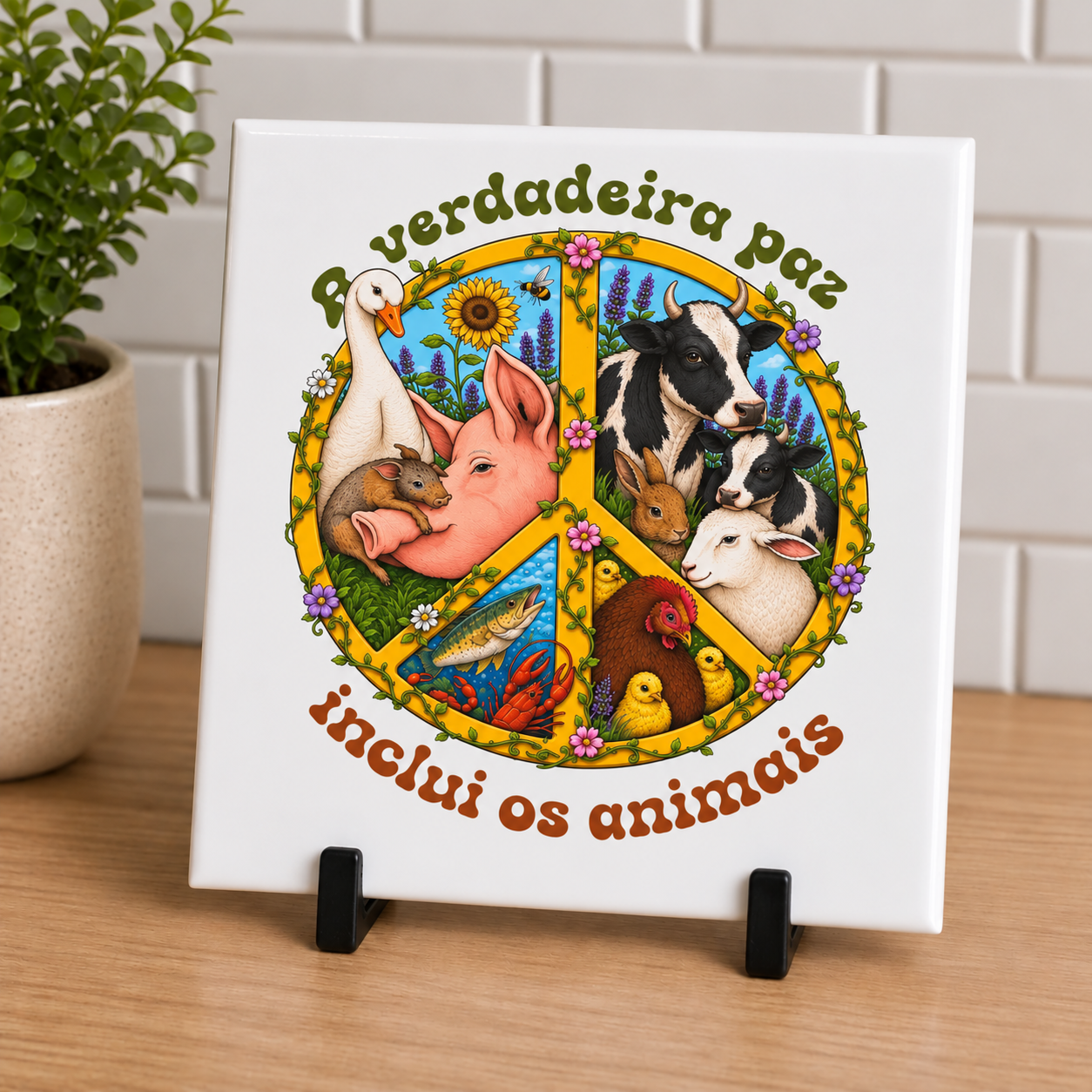 Azulejo decorativo 15x15cm "A paz inclui os animais"